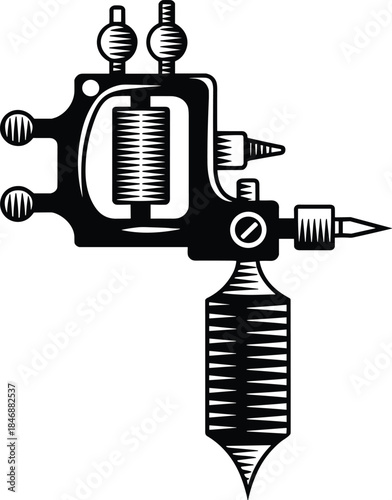 Vintage tattoo machine illustration black and white hand drawn sketch style classic tattoo gun equipment design isolated