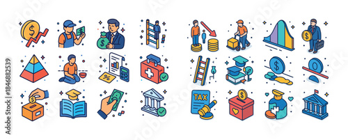 Colorful financial icons illustrating money management and econo