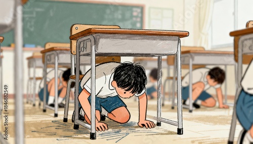 Children taking cover under desks during earthquake drill

