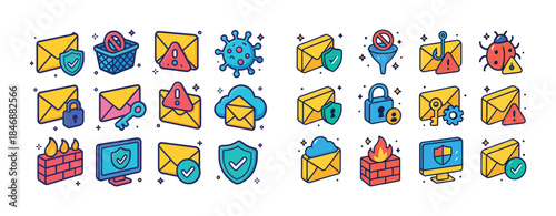 Colorful icons of email security threats and digital protection