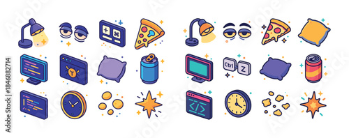 Colorful cartoon icons: pizza, computer, lamp, pillow, soda, clo