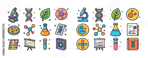 Colorful science icons including dna, microscope, molecule, petr