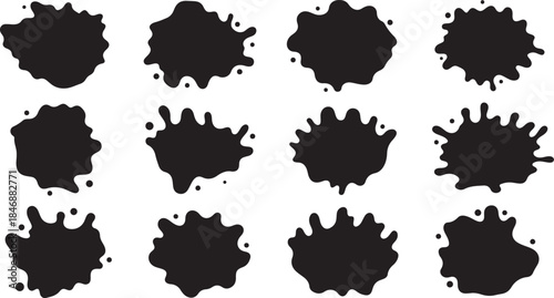 Twelve black ink splatter shapes collection