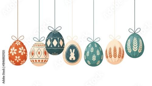 A row of seven decorative Easter eggs with various patterns and colors hanging from strings, celebrating spring.