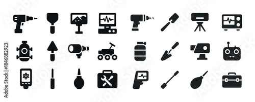 Collection of diverse tools and equipment icons in simple black
