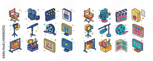 Colorful isometric movie icons featuring film equipment and prod