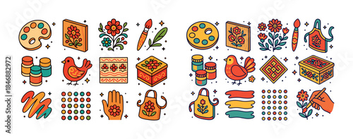 Colorful folk art icons: birds, flowers, paintbrushes, patterns,