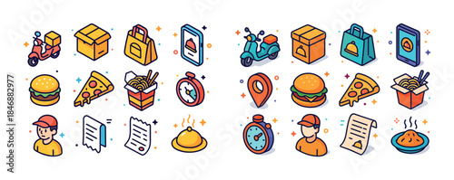 Colorful food delivery icons featuring pizza, burger, and courie