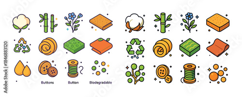 Eco-friendly icons featuring natural fibers and recyclable mater