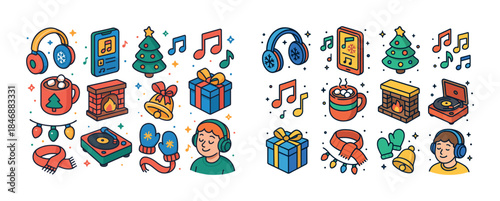Colorful holiday icons: music, gifts, winter, cozy fireplace