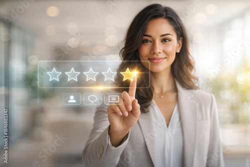 A confident Middle-Eastern woman interacting with a digital rating system, showcasing professionalism and engagement.