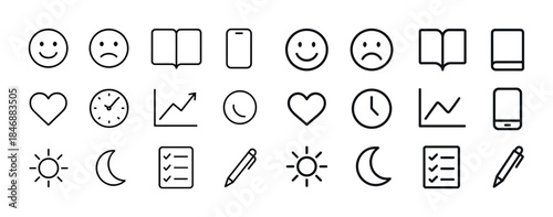 Minimalist icon set featuring faces, books, clocks, sun, moon, a