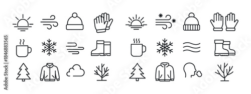 Minimalist winter icons set featuring seasonal elements and clot