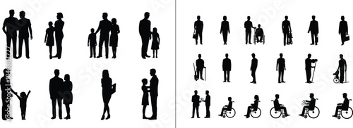 People silhouettes set including families couples individuals and wheelchair users isolated in black for infographics presentations urban planning