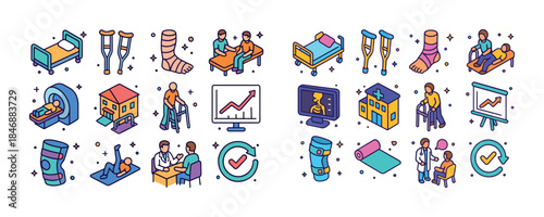 Healthcare and rehabilitation icons: crutches, therapy, checkup,