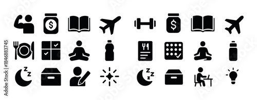 Set of black icon illustrations with fitness, travel, and study