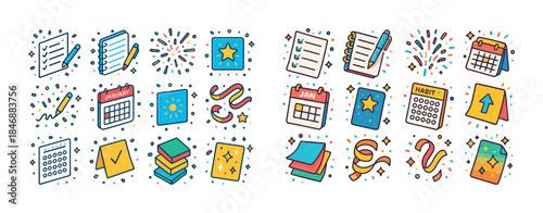 Colorful planning and celebration icons featuring calendars and
