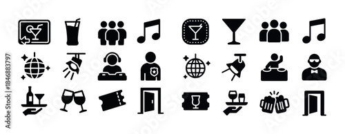 Nightclub icons set: music, drinks, dance, dj, party symbols ill