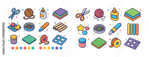 Colorful crafting supplies collection with scissors glue yarn an