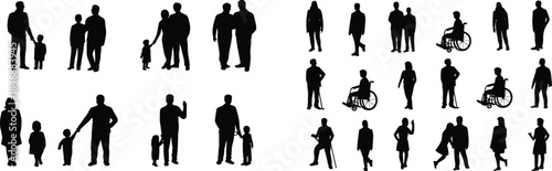 People silhouettes set including families couples individuals and wheelchair users isolated in black for infographics presentations urban planning