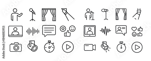 Minimalistic line icons of microphone, video call, camera, media