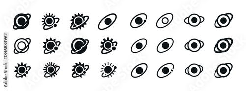 Set of minimalist planet and sun icons in black and white
