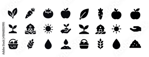 Silhouette icons of nature and farming elements in black