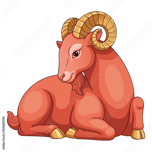 Chinese Zodiac animal figurine of Fire Goat with curled horns, transparent background, isolated, vector