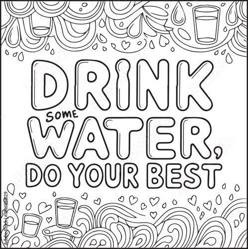 Motivational quote coloring page with quote drink some water do your best and beautiful decoration black line art vector illustration outline coloring book design for kids and adults