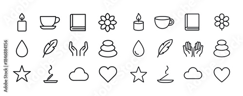 Minimalist wellness icons: candles, teacups, books, flowers, med