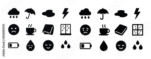 Set of weather and mood icons: rain, clouds, lightning, emotions