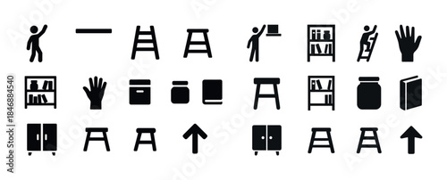 Silhouette icons of bookshelves, ladders, and storage jars in mi