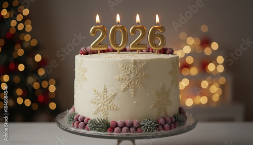 Elegant New Year cake with 2026 candles on a festive table, warm bokeh lights and holiday decor creating a cozy celebratory atmosphere.