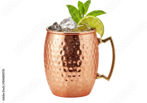 meticulously crafted kentucky mule cocktail in a hammered copper mug, heavily frosted with condensation, crushed ice, mint, and lime, isolated on a transparent background. concept for beverage