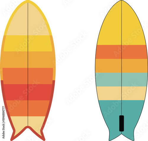 Retro surfboard illustration set colorful striped longboards symmetrical surf design vintage summer beach style isolated on white background