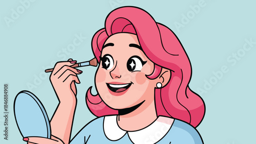 Cartoon woman with vibrant pink hair applying cosmetic makeup with a brush in a mirror against a simple blue backdrop illustration for beauty content