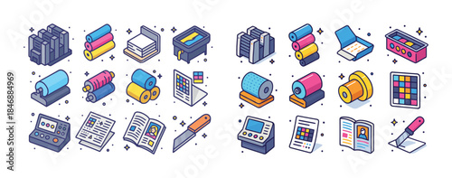 Colorful printing equipment icons including printers, rollers, i