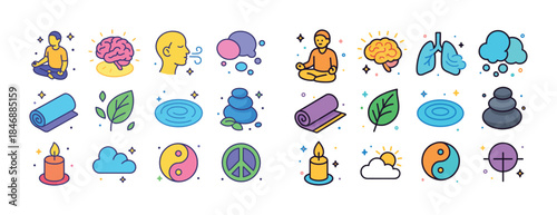 Mindfulness and wellness icons: meditation, yoga, nature, peace,