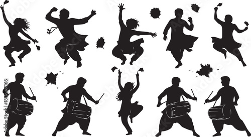 Bhangra dancers and dhol players silhouettes