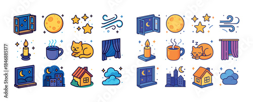 Cozy night icons collection featuring moon, stars, mug, cat, can