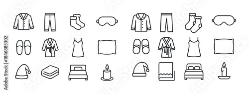 Bedtime essentials icons: pajamas, socks, sleep mask, pillow, ro