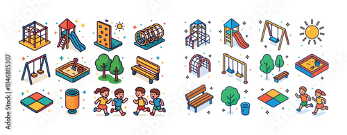 Colorful playground elements and active children in outdoor park