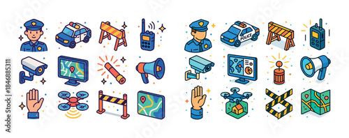 Cartoon police and surveillance icons set featuring officers and