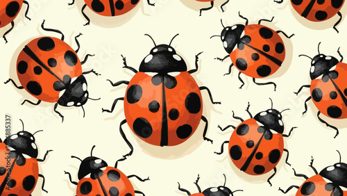 Seamless pattern of vibrant red and black spotted ladybugs scattered across a light cream background