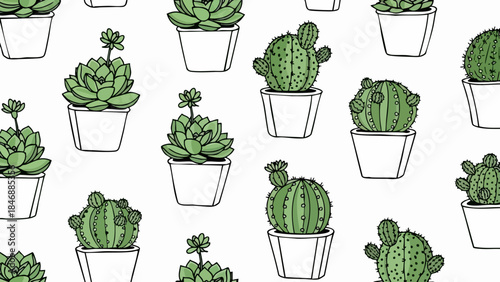 Hand drawn seamless pattern featuring various potted cacti and succulents in white containers