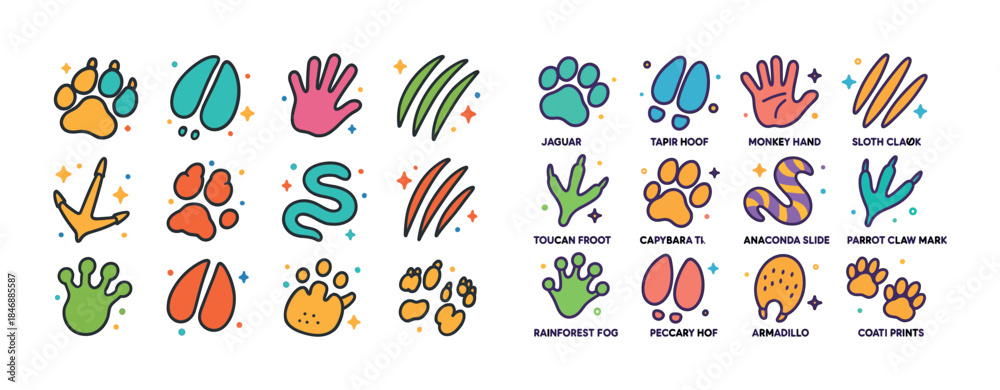 Fototapeta premium Colorful cartoon animal tracks featuring hooves, paws, and claws