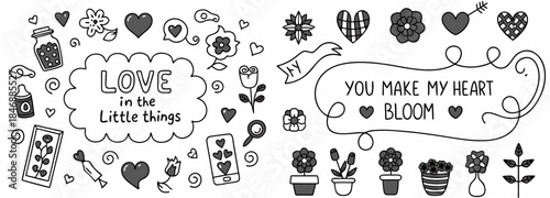 Charming hand drawn love themed doodles and heart decorations