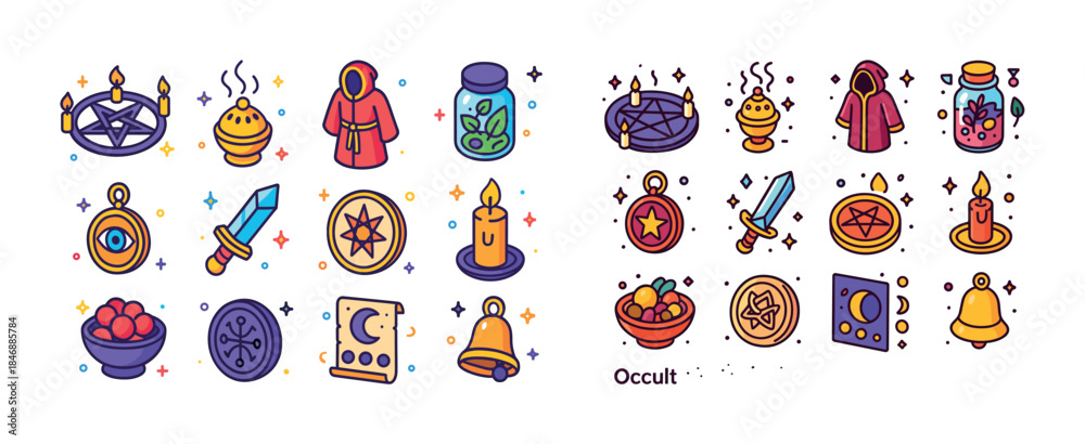 Fototapeta premium Colorful occult icons: rituals, mystical symbols, and magic tool