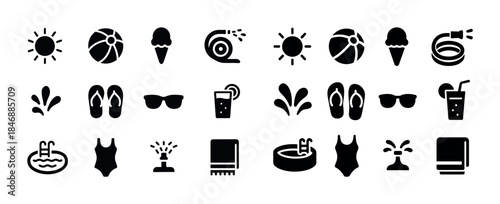 Summer icon set: sun, ice cream, sunglasses, pool, beach fun ill