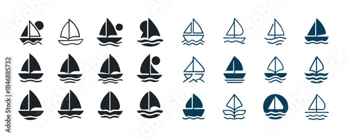 Set of minimalist sailboat icons in various styles and designs